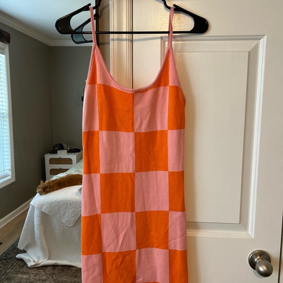 Amazon Dresses & Skirts - Pink and Orange Checkered Knit Dress Adjustable Straps Sz Small